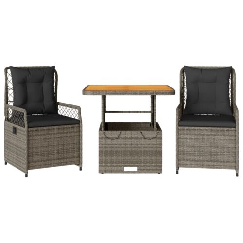 3-Piece Garden Dining Set with Cushions Grey Poly Rattan