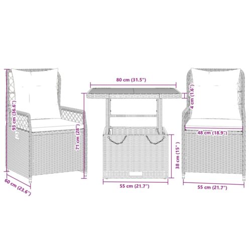 3-Piece Garden Dining Set with Cushions Grey Poly Rattan - Image 9