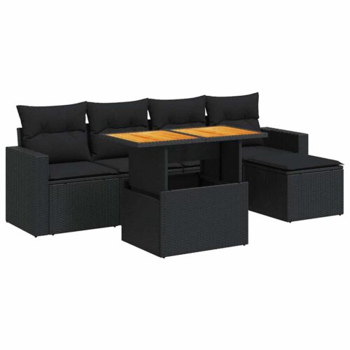 6-Piece Garden Sofa Set with Cushions Black Poly Rattan