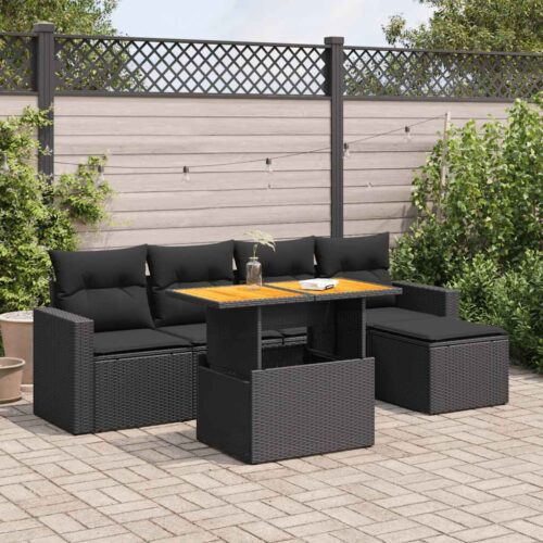 6-Piece Garden Sofa Set with Cushions Black Poly Rattan - Image 2