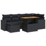 7-Piece Garden Sofa Set with Cushions Black Poly Rattan