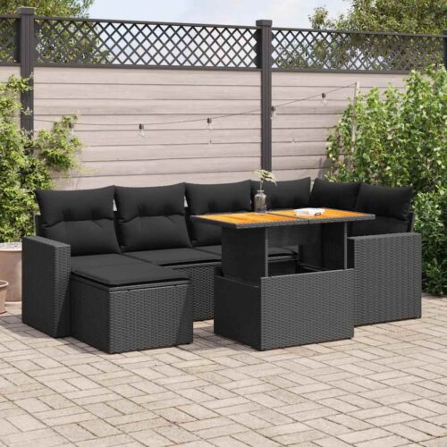 7-Piece Garden Sofa Set with Cushions Black Poly Rattan - Image 2