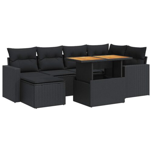 7-Piece Garden Sofa Set with Cushions Black Poly Rattan - Image 13