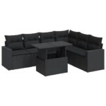 7-Piece Garden Sofa Set with Cushions Black Poly Rattan