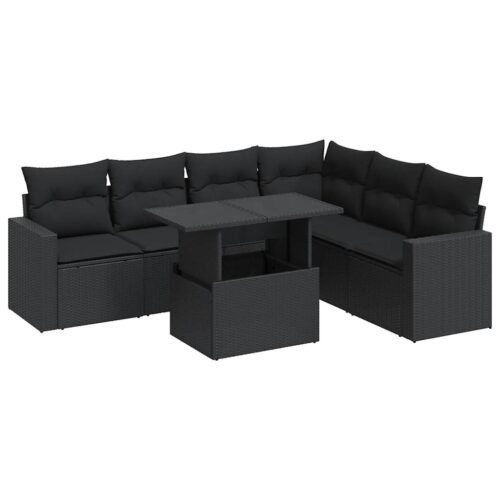 7-Piece Garden Sofa Set with Cushions Black Poly Rattan