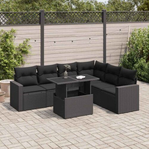 7-Piece Garden Sofa Set with Cushions Black Poly Rattan - Image 2