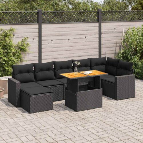 8-Piece Garden Sofa Set with Cushions Black Poly Rattan - Image 2