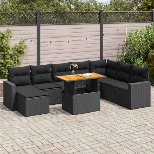9-Piece Garden Sofa Set with Cushions Black Poly Rattan - Image 2