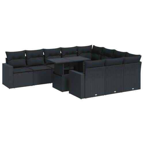 11-Piece Garden Sofa Set with Cushions Black Poly Rattan