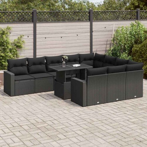 11-Piece Garden Sofa Set with Cushions Black Poly Rattan - Image 2
