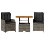 3-Piece Bistro Set with Cushions Grey Poly Rattan