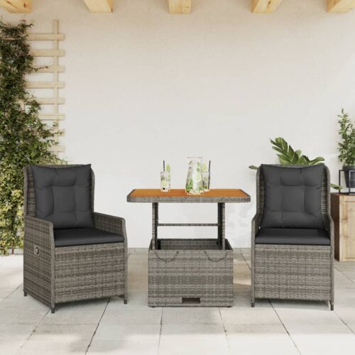3-Piece Bistro Set with Cushions Grey Poly Rattan - Image 2