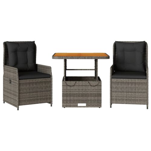 3-Piece Bistro Set with Cushions Grey Poly Rattan - Image 13