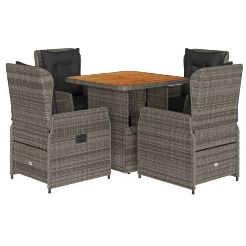 5-Piece Garden Dining Set with Cushions Grey Poly Rattan