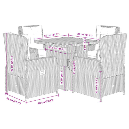 5-Piece Garden Dining Set with Cushions Grey Poly Rattan - Image 9