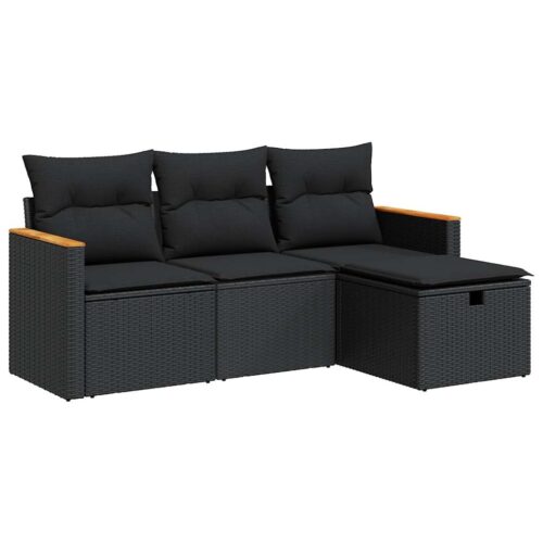 4-Piece Garden Sofa Set with Cushions Black Poly Rattan