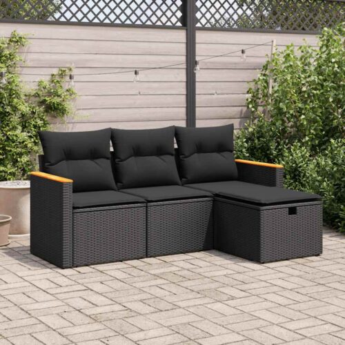 4-Piece Garden Sofa Set with Cushions Black Poly Rattan - Image 2