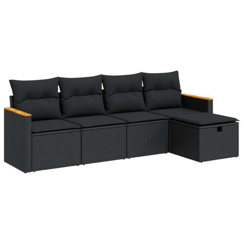 5-Piece Garden Sofa Set with Cushions Black Poly Rattan