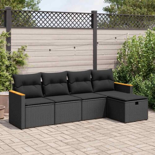 5-Piece Garden Sofa Set with Cushions Black Poly Rattan - Image 2