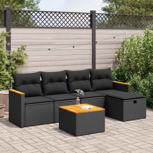 6-Piece Garden Sofa Set with Cushions Black Poly Rattan - Image 2