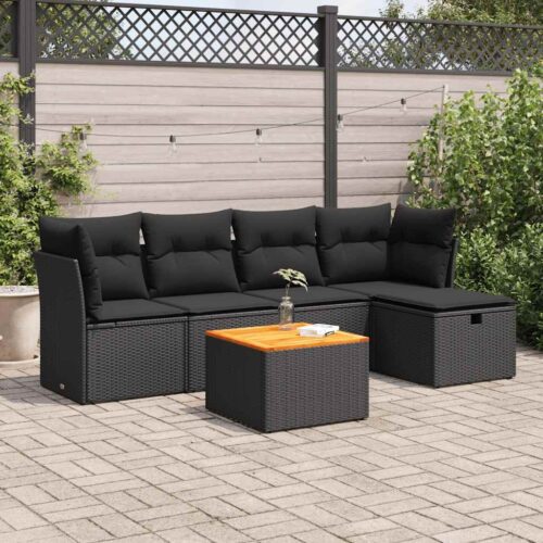 6-Piece Garden Sofa Set with Cushions Black Poly Rattan - Image 2
