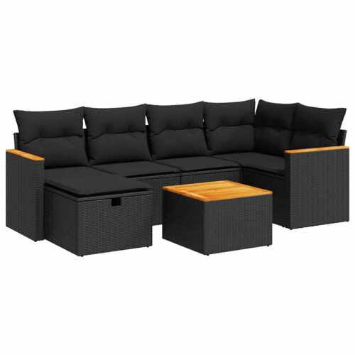 7-Piece Garden Sofa Set with Cushions Black Poly Rattan