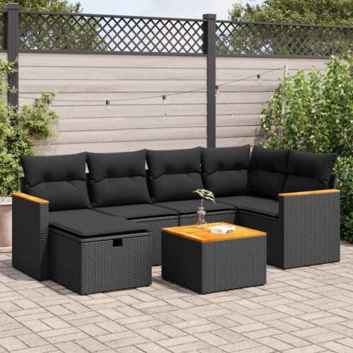 7-Piece Garden Sofa Set with Cushions Black Poly Rattan - Image 2