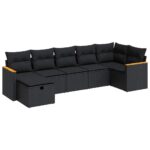 7-Piece Garden Sofa Set with Cushions Black Poly Rattan