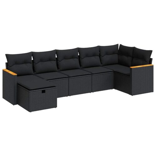 7-Piece Garden Sofa Set with Cushions Black Poly Rattan