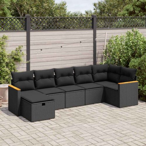 7-Piece Garden Sofa Set with Cushions Black Poly Rattan - Image 2