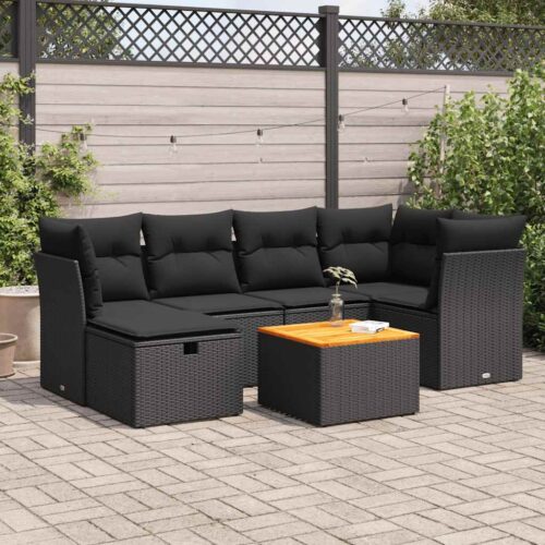 7-Piece Garden Sofa Set with Cushions Black Poly Rattan - Image 2
