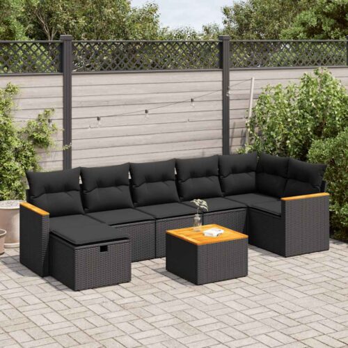 8-Piece Garden Sofa Set with Cushions Black Poly Rattan - Image 2