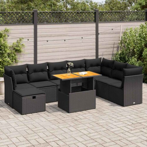 9-Piece Garden Sofa Set with Cushions Black Poly Rattan Acacia - Image 2