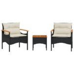 3-Piece Garden Sofa Set with Cushions Black Poly Rattan