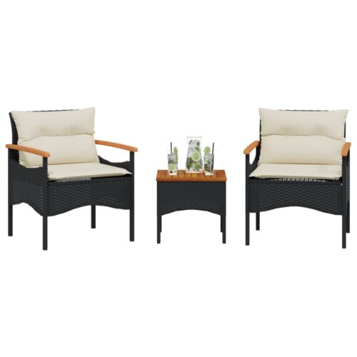 3-Piece Garden Sofa Set with Cushions Black Poly Rattan - Image 2