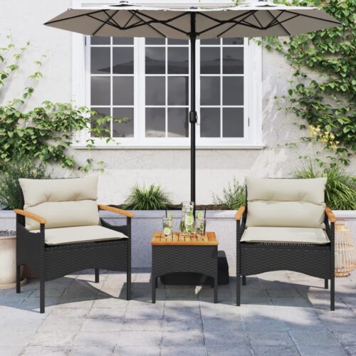 3-Piece Garden Sofa Set with Cushions Black Poly Rattan - Image 3