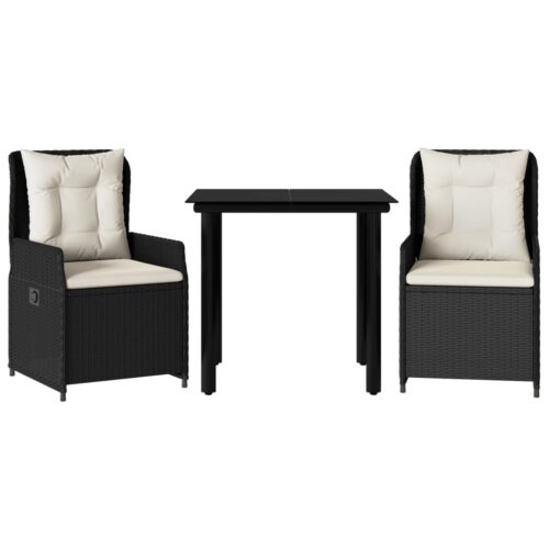 3-Piece Garden Dining Set with Cushions Black Poly Rattan