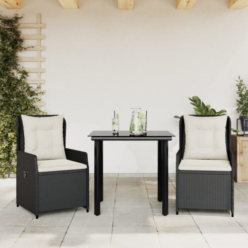3-Piece Garden Dining Set with Cushions Black Poly Rattan - Image 2