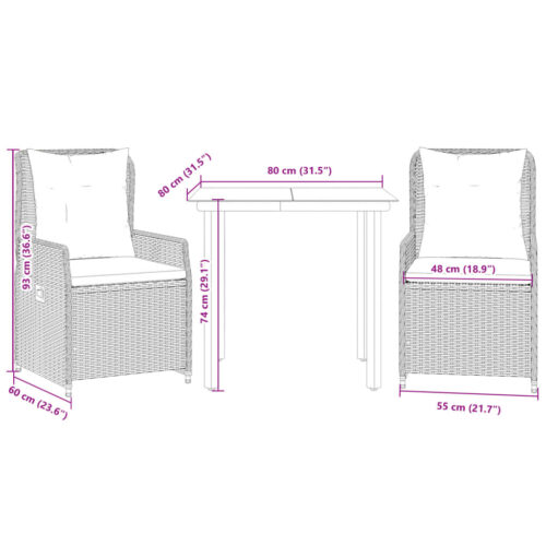 3-Piece Garden Dining Set with Cushions Black Poly Rattan - Image 8