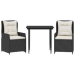 3-Piece Garden Dining Set with Cushions Black Poly Rattan