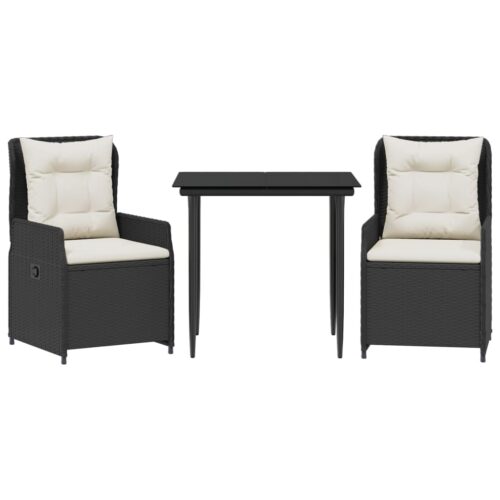 3-Piece Garden Dining Set with Cushions Black Poly Rattan