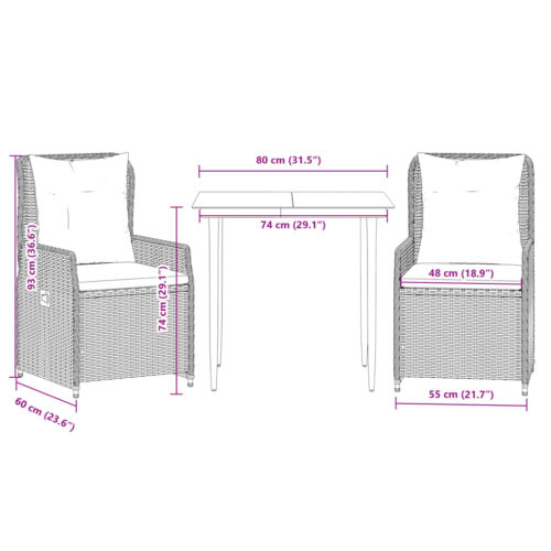 3-Piece Garden Dining Set with Cushions Black Poly Rattan - Image 8