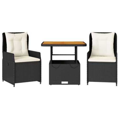 3-Piece Bistro Set with Cushions Black Poly Rattan