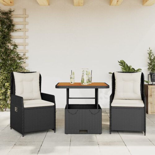 3-Piece Bistro Set with Cushions Black Poly Rattan - Image 2
