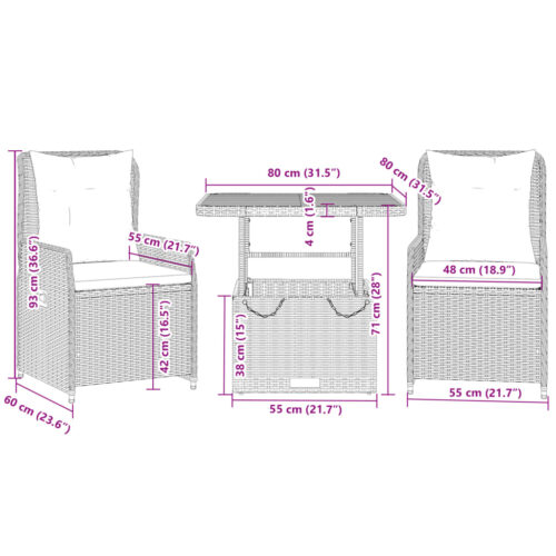 3-Piece Bistro Set with Cushions Black Poly Rattan - Image 9