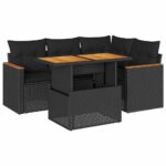 5-Piece Garden Sofa Set with Cushions Black Poly Rattan Acacia
