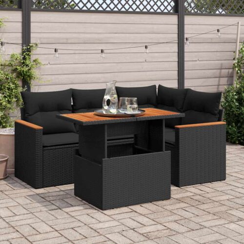 5-Piece Garden Sofa Set with Cushions Black Poly Rattan Acacia - Image 2