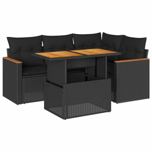 5-Piece Garden Sofa Set with Cushions Black Poly Rattan Acacia - Image 13
