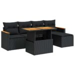 6-Piece Garden Sofa Set with Cushions Black Poly Rattan Acacia