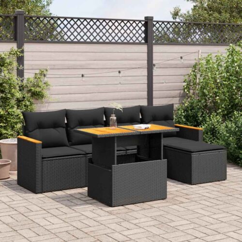 6-Piece Garden Sofa Set with Cushions Black Poly Rattan Acacia - Image 2